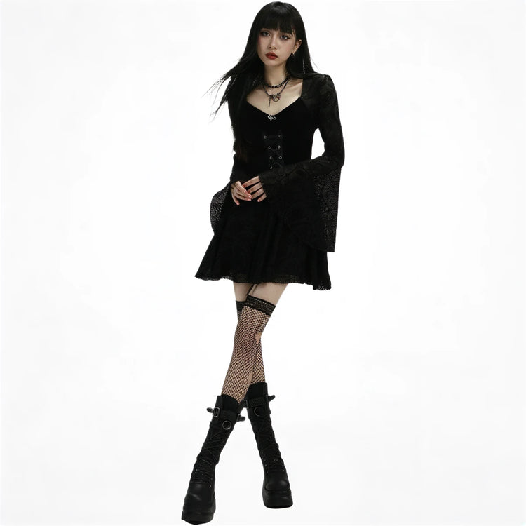 Black lace goth dress with corset front and flared skirt.