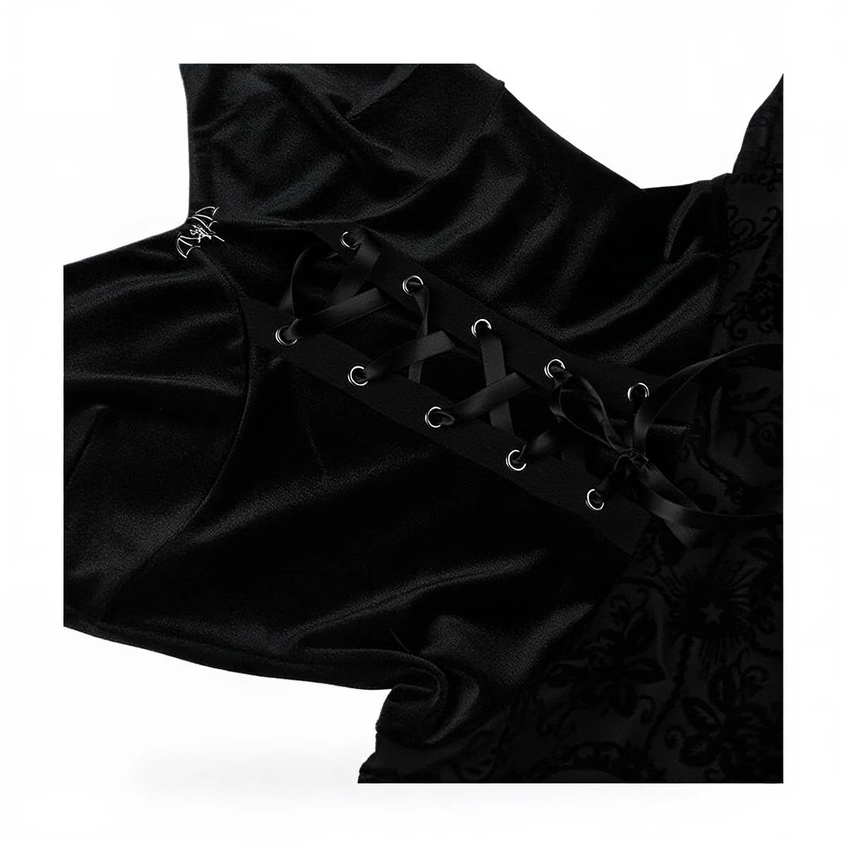 Vintage Goth Dress in black velvet with lace-up front detail.