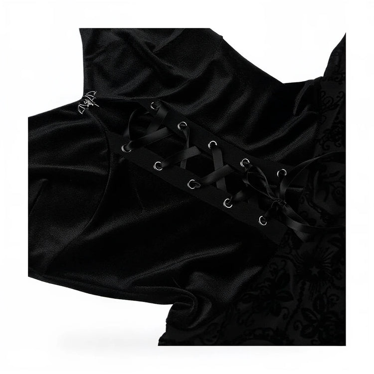 Vintage Goth Dress in black velvet with lace-up front detail.