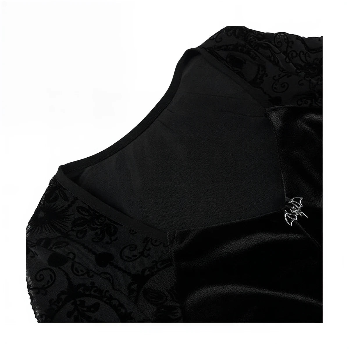 Vintage Goth Dress in black velvet with lace overlay and bat pin detail.