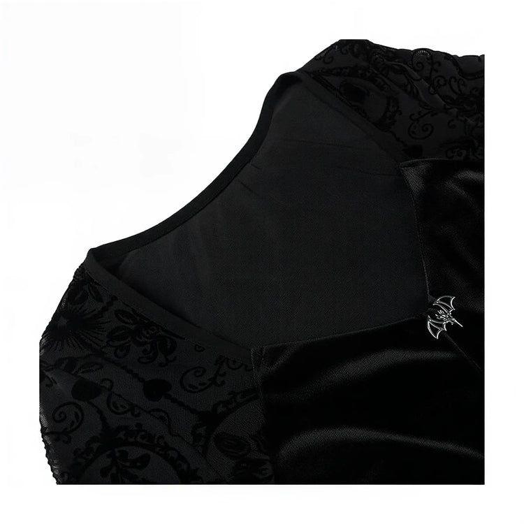 Vintage Goth Dress in black velvet with lace overlay and bat pin detail.