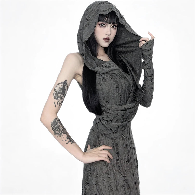 Wasteland Witch Dress: dark grey, textured fabric with hood and long sleeves.