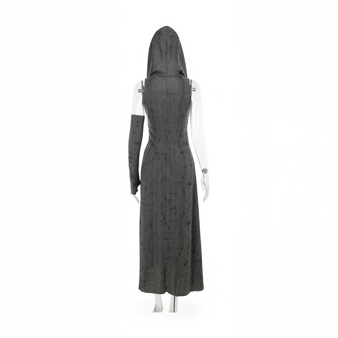 Wasteland Witch Dress: dark grey, textured fabric, hooded, long sleeves, floor-length.