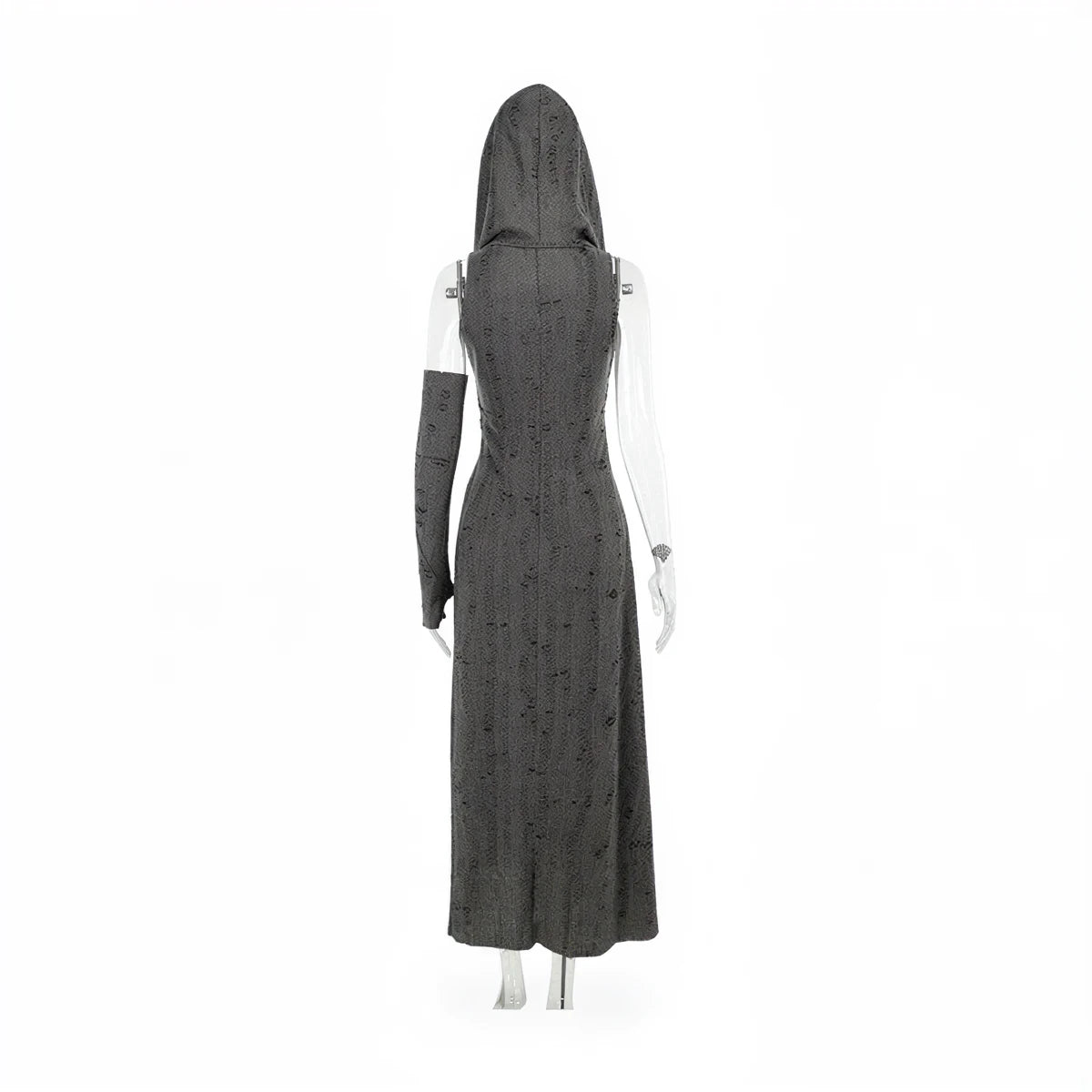 Wasteland Witch Dress: dark grey, textured fabric, hooded, long sleeves, floor-length.