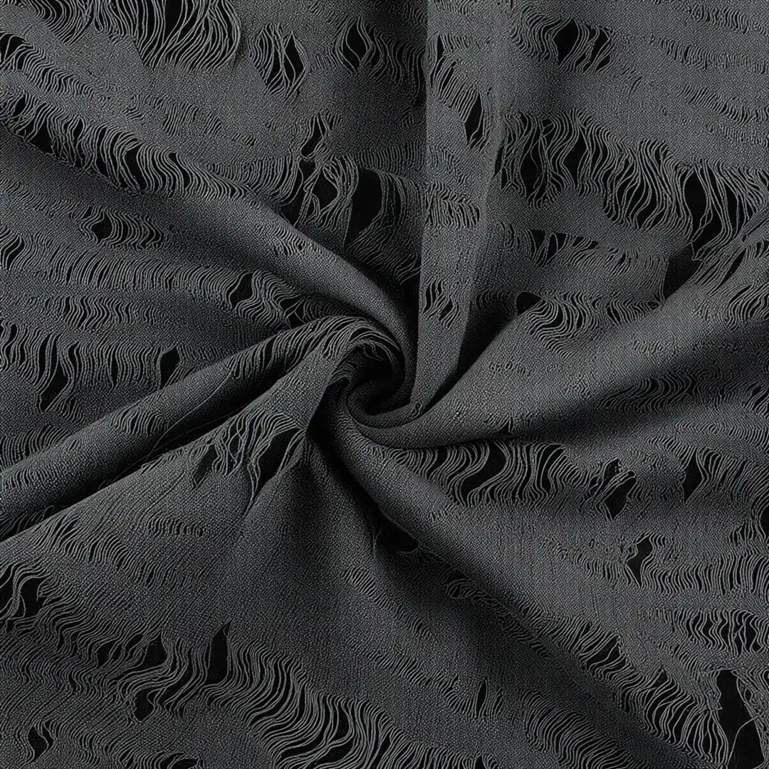 Wasteland Witch Dress: dark grey, textured frayed fabric with distressed, layered ruffles.