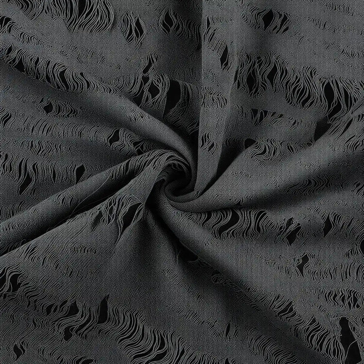 Wasteland Witch Dress: dark grey, textured frayed fabric with distressed, layered ruffles.