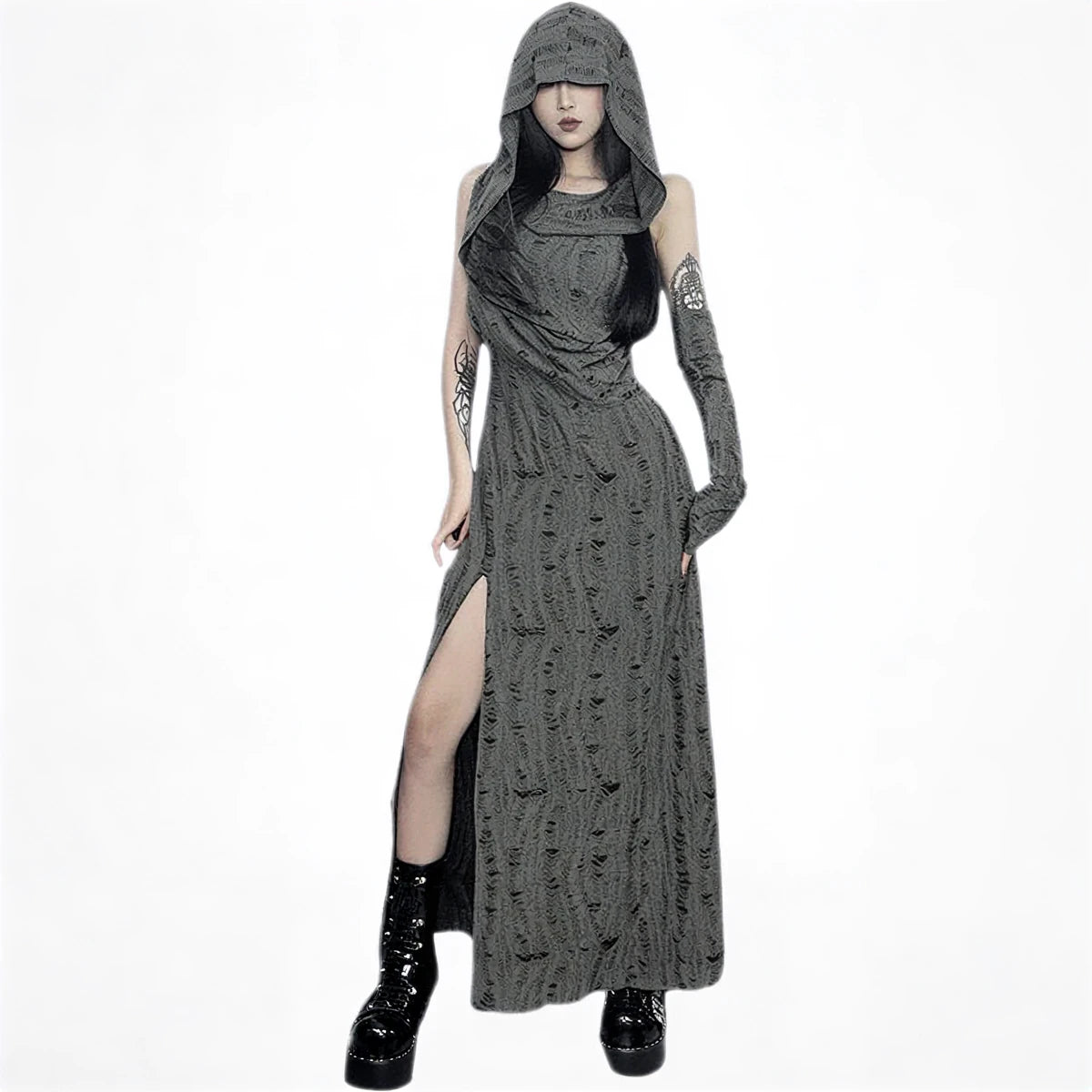 Wasteland Witch Dress: grey textured fabric, hooded, long sleeves, high slit.