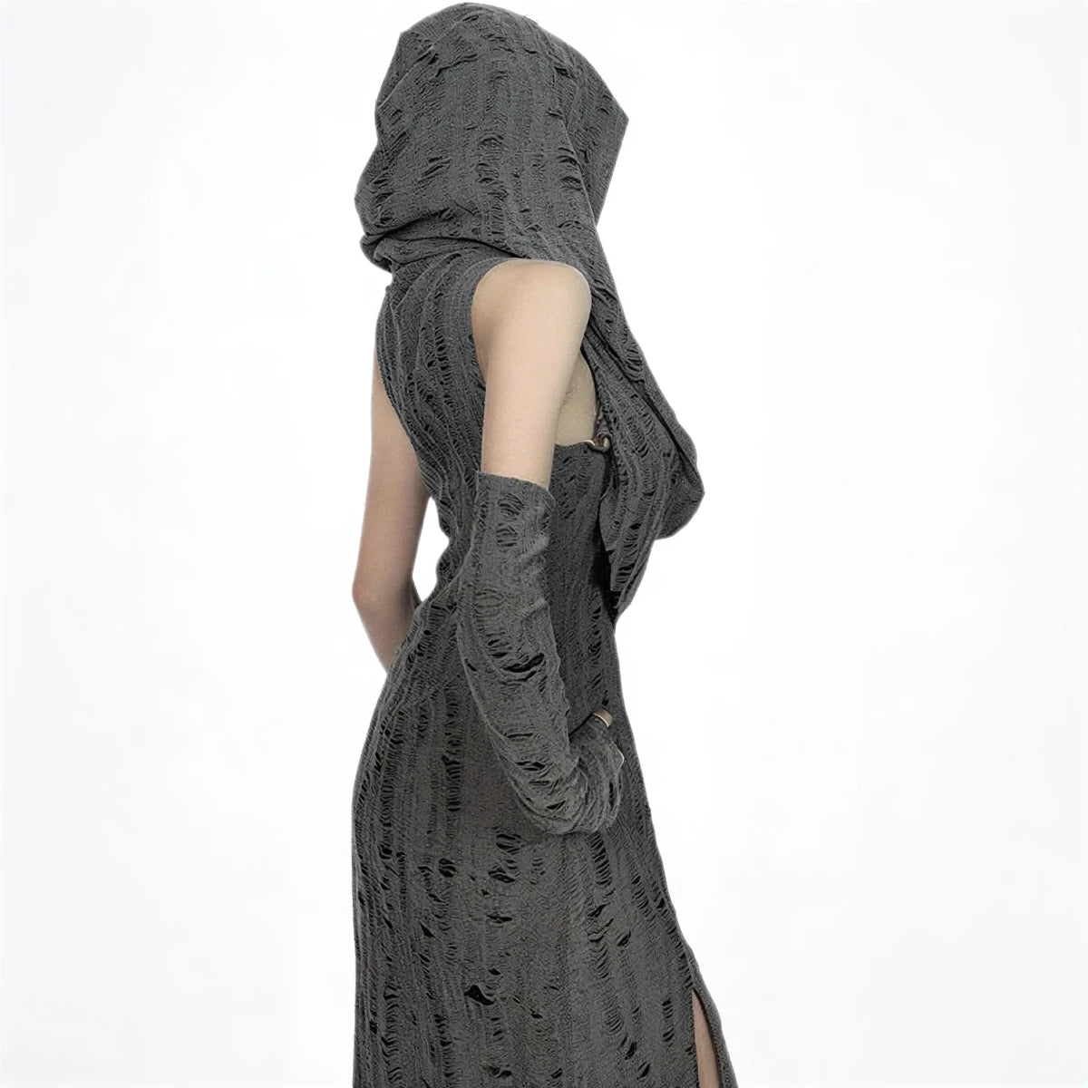 Wasteland Witch Dress: dark grey, textured fabric with hood and side slit.