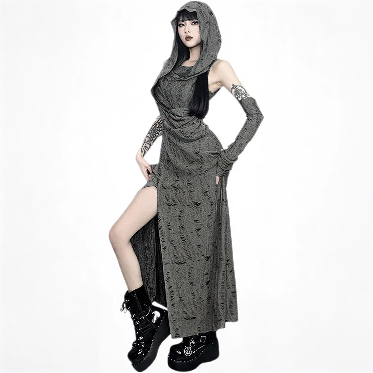 Wasteland Witch Dress: grey textured fabric, hooded, long sleeves, side slit.