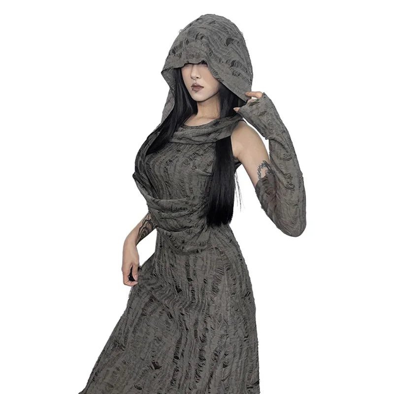 Wasteland Witch Dress: grey textured knit with hood and long sleeves.