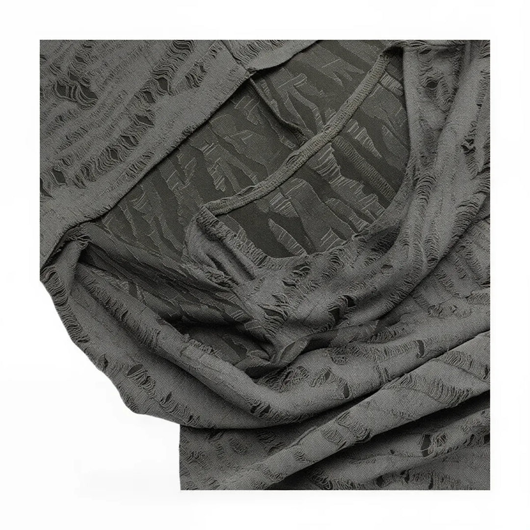 Wasteland Witch Dress: dark grey textured fabric with frayed edges and subtle pattern.