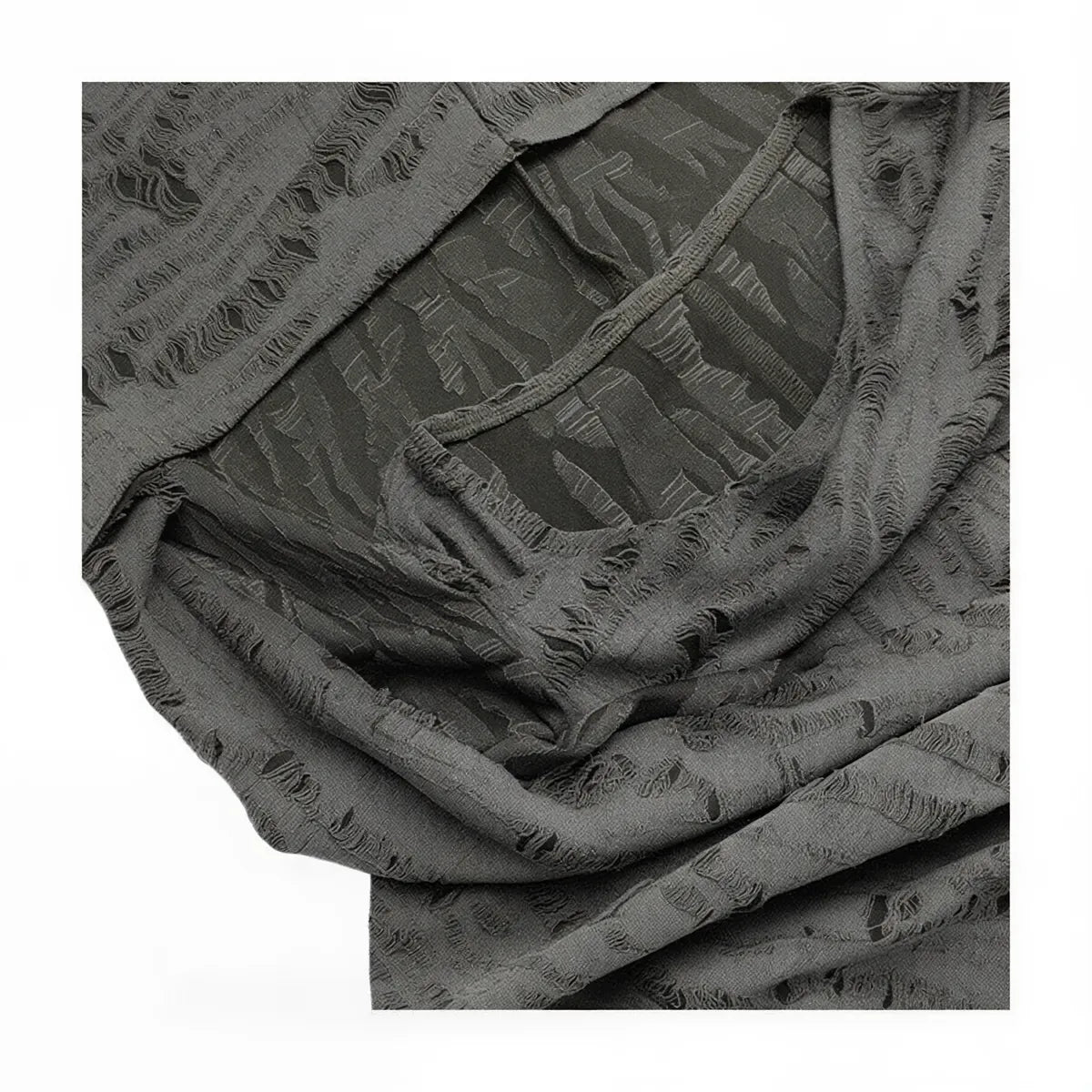 Wasteland Witch Dress: dark grey textured fabric with frayed edges and subtle pattern.
