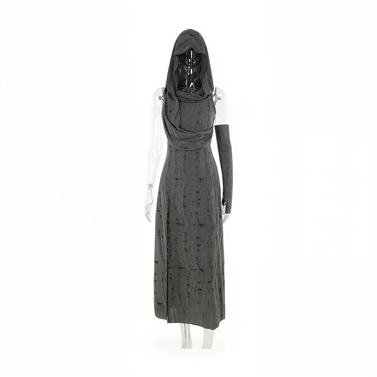 Wasteland Witch Dress: dark grey textured knit with hood and long sleeves.