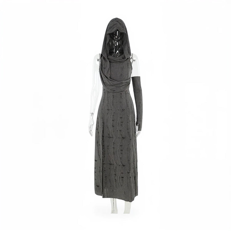 Wasteland Witch Dress: dark grey textured knit with hood and long sleeves.