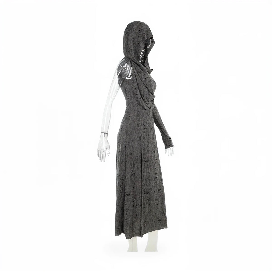 Wasteland Witch Dress: dark grey textured knit, hooded, long-sleeved, floor-length.