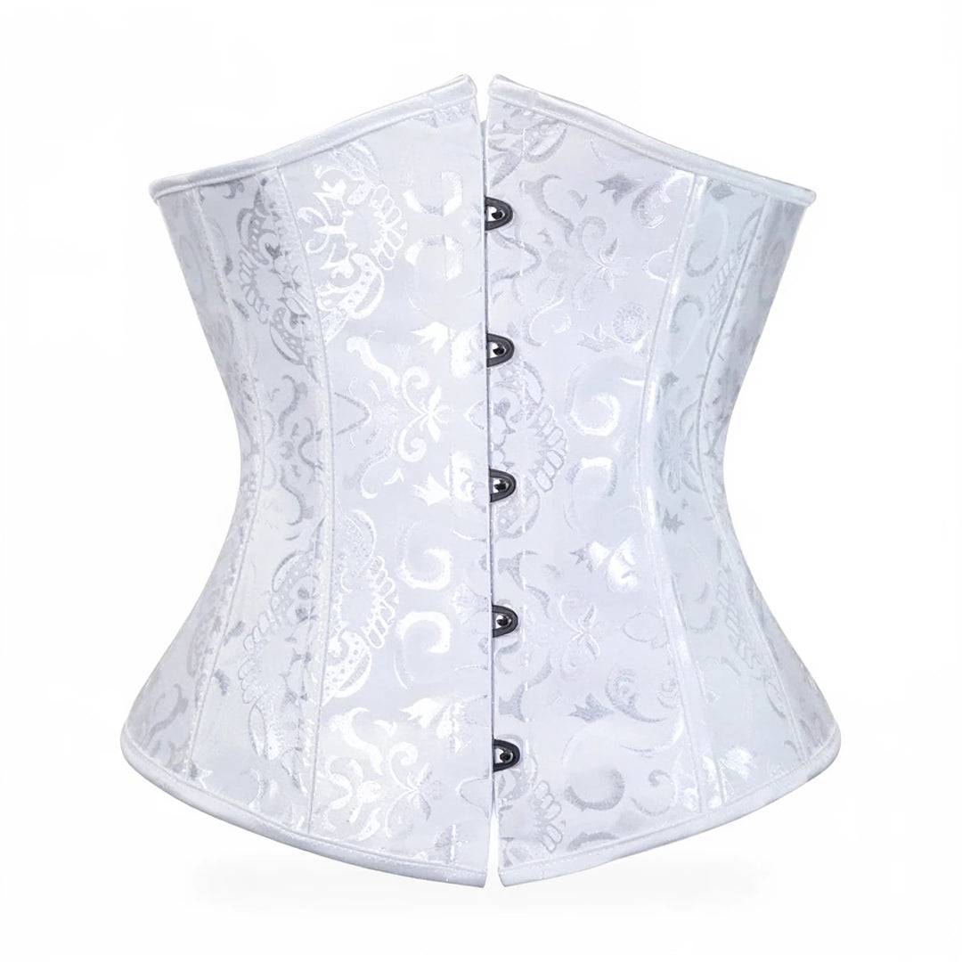 White underbust corset with floral pattern and front buttons.