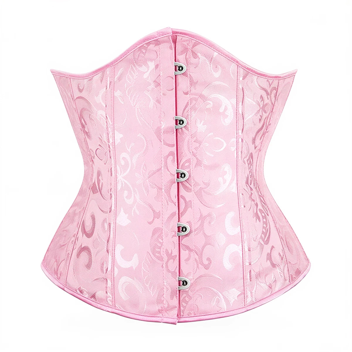 White underbust corset with floral pattern and front buttons.