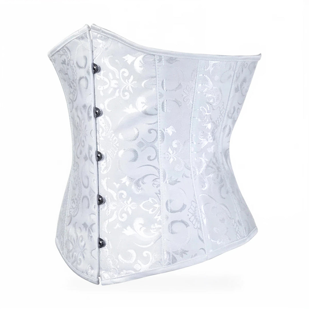 White underbust corset with floral pattern and black buttons.