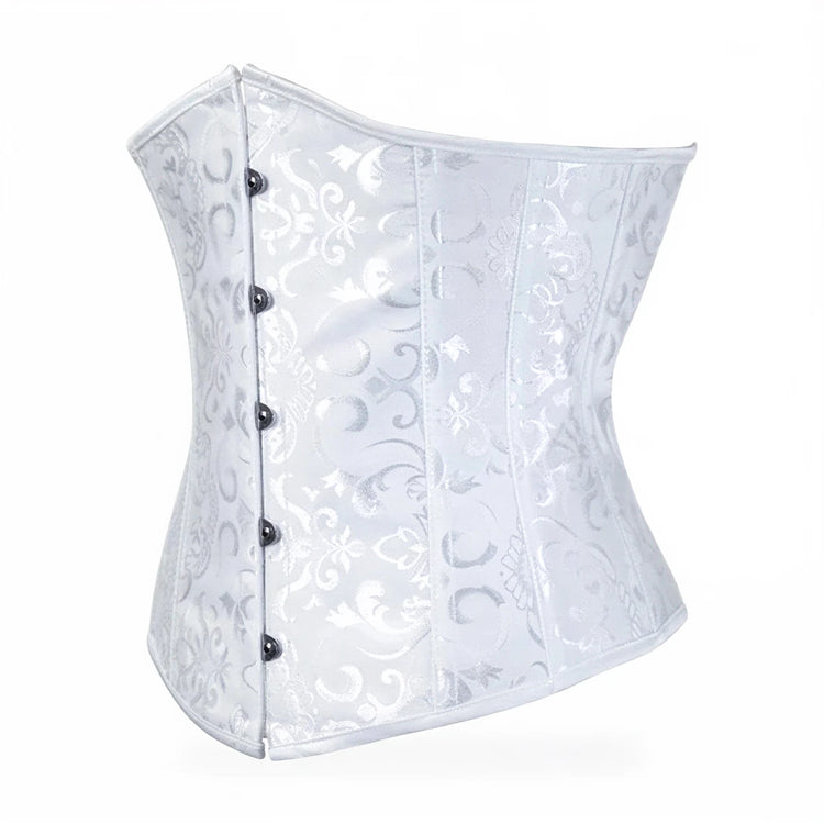 White underbust corset with floral pattern and black buttons.