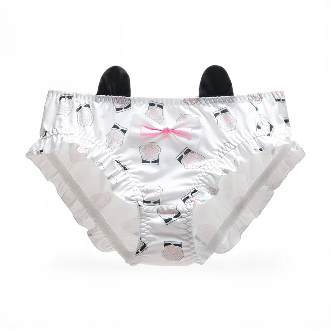 Witchy Whiskers panties, white with cow print, pink bow, ruffled edges, black ears.