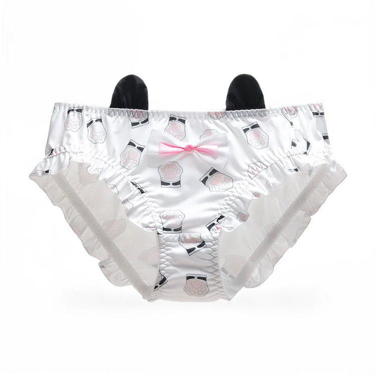 Witchy Whiskers panties, white with cow print, pink bow, ruffled edges, black ears.