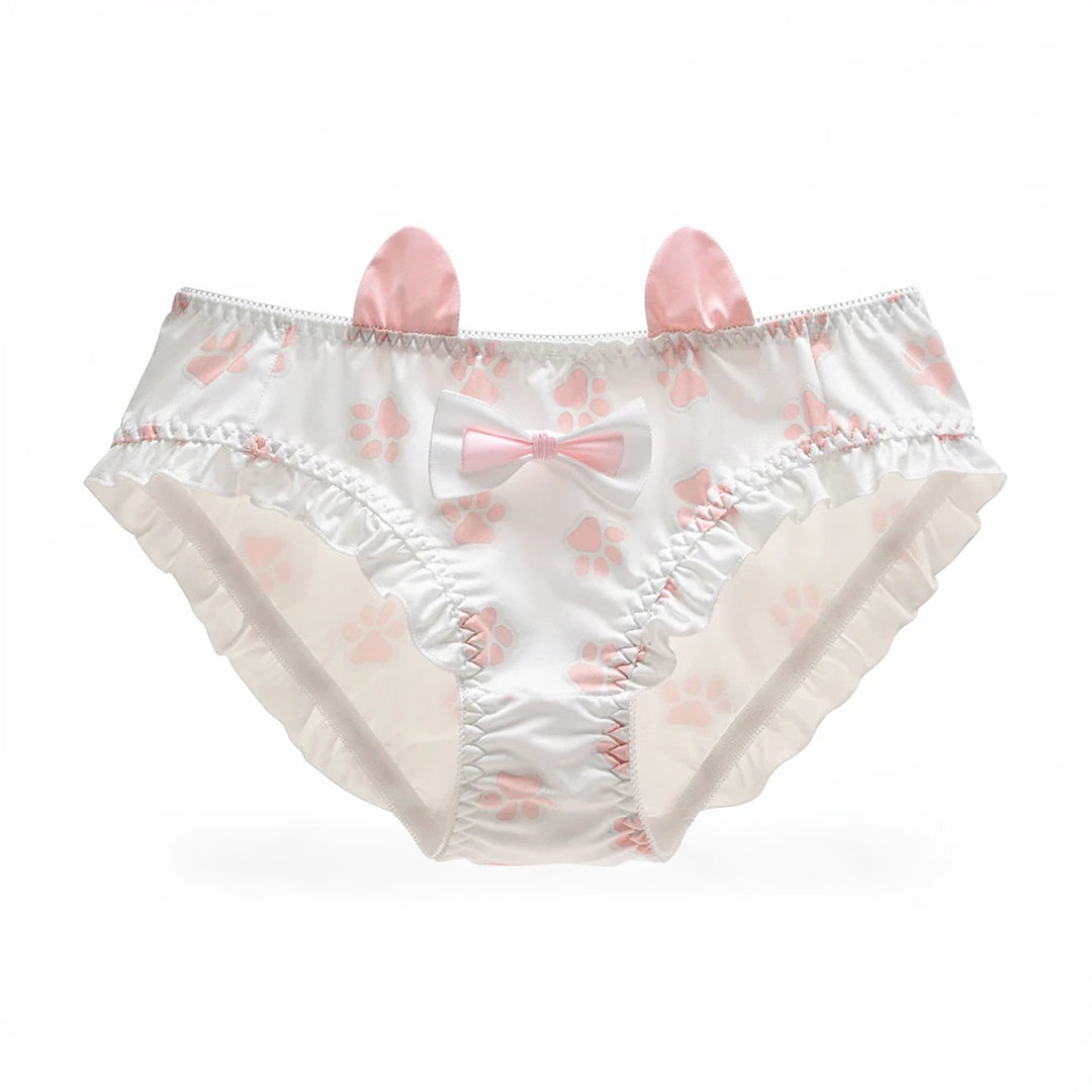 Witchy Whiskers panties, white with pink paw prints, ruffled edges, bow, and bunny ears.