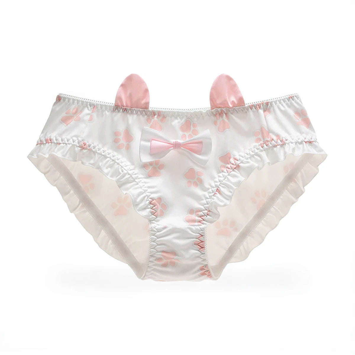 Witchy Whiskers panties, white with pink paw prints, ruffled edges, bow, and bunny ears.
