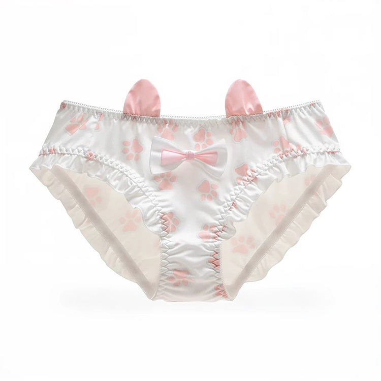 Witchy Whiskers panties, white with pink paw prints, ruffled edges, bow, and bunny ears.