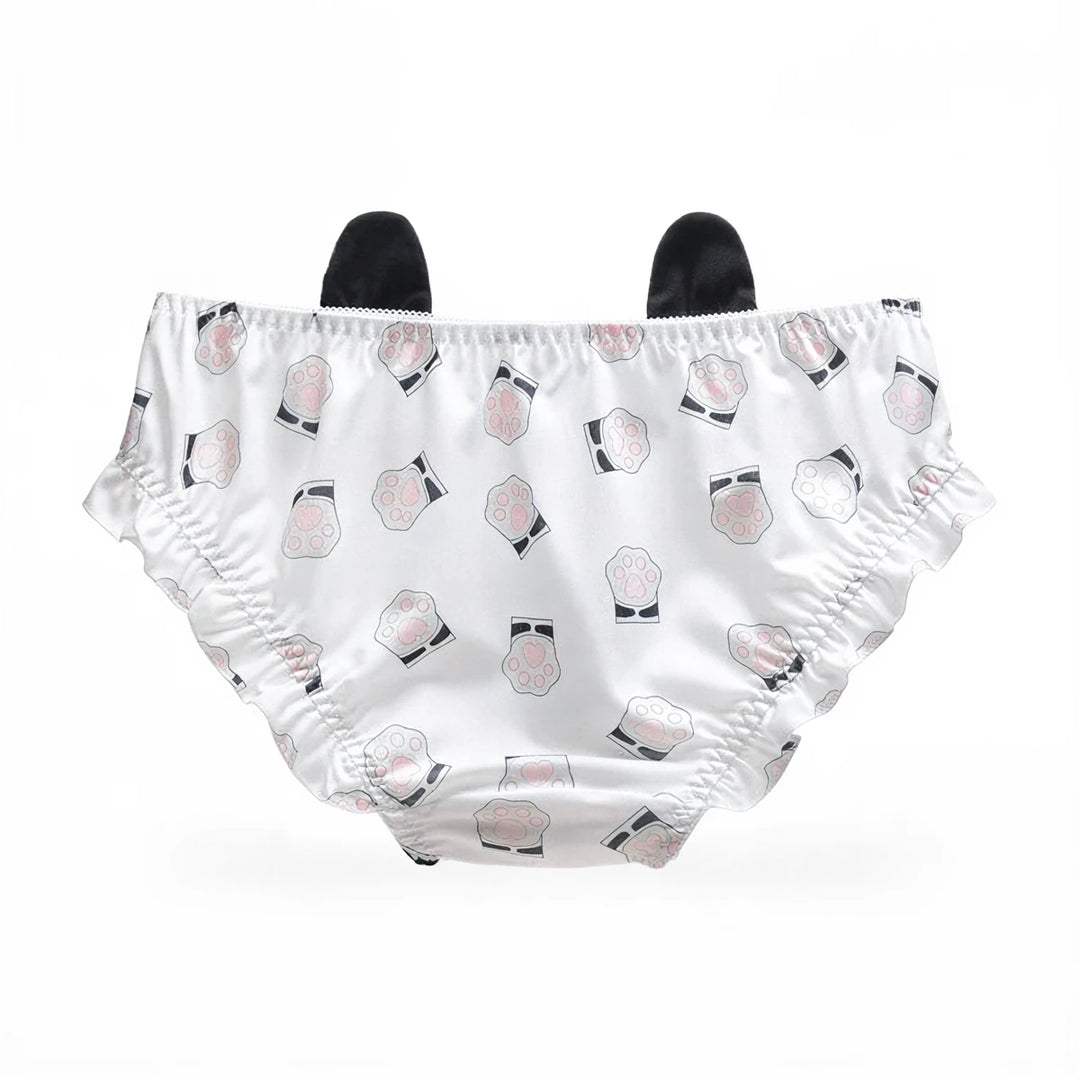 Witchy Whiskers panties, white satin with black cat paw print pattern, ruffled waistband.