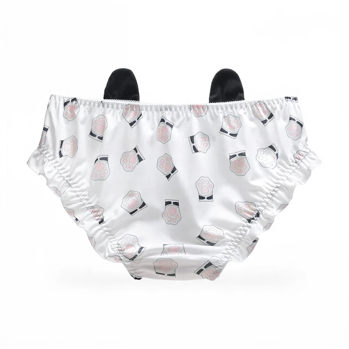 Witchy Whiskers panties, white satin with black cat paw print pattern, ruffled waistband.