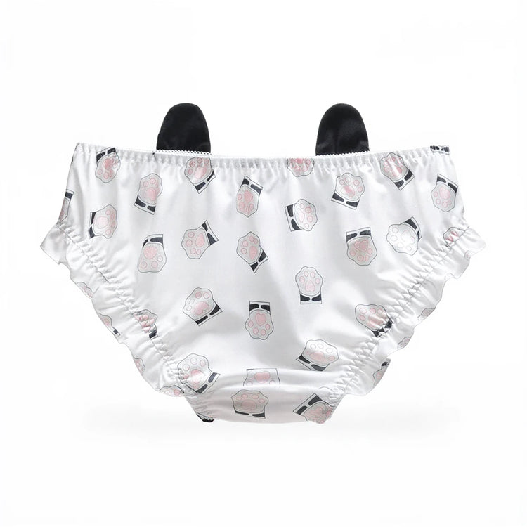 Witchy Whiskers panties, white satin with black cat paw print pattern, ruffled waistband.