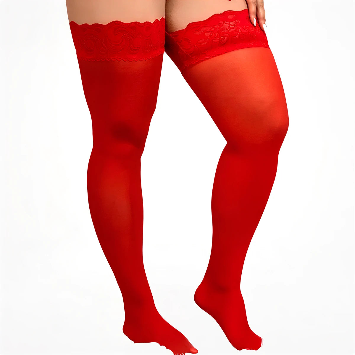 Red lace-topped thigh-high stockings with sheer fabric and scalloped edge.