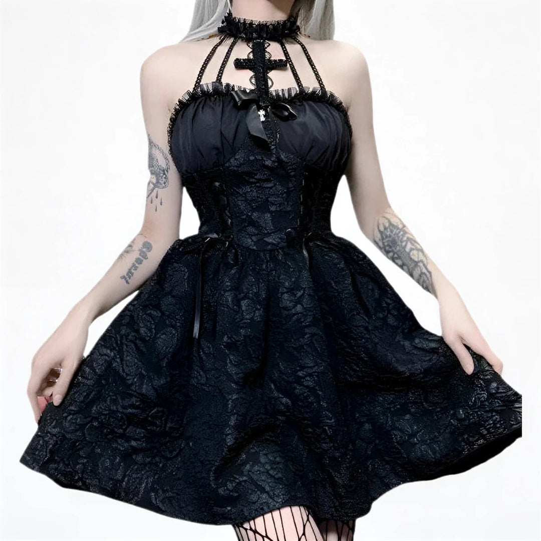 Black lace halter dress with corset bodice and flared skirt.