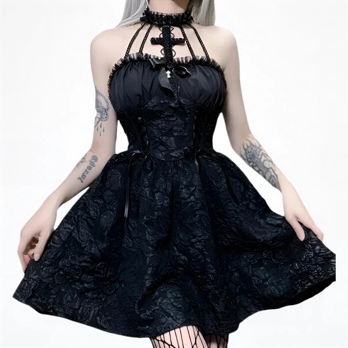 Black lace halter dress with corset bodice and flared skirt.